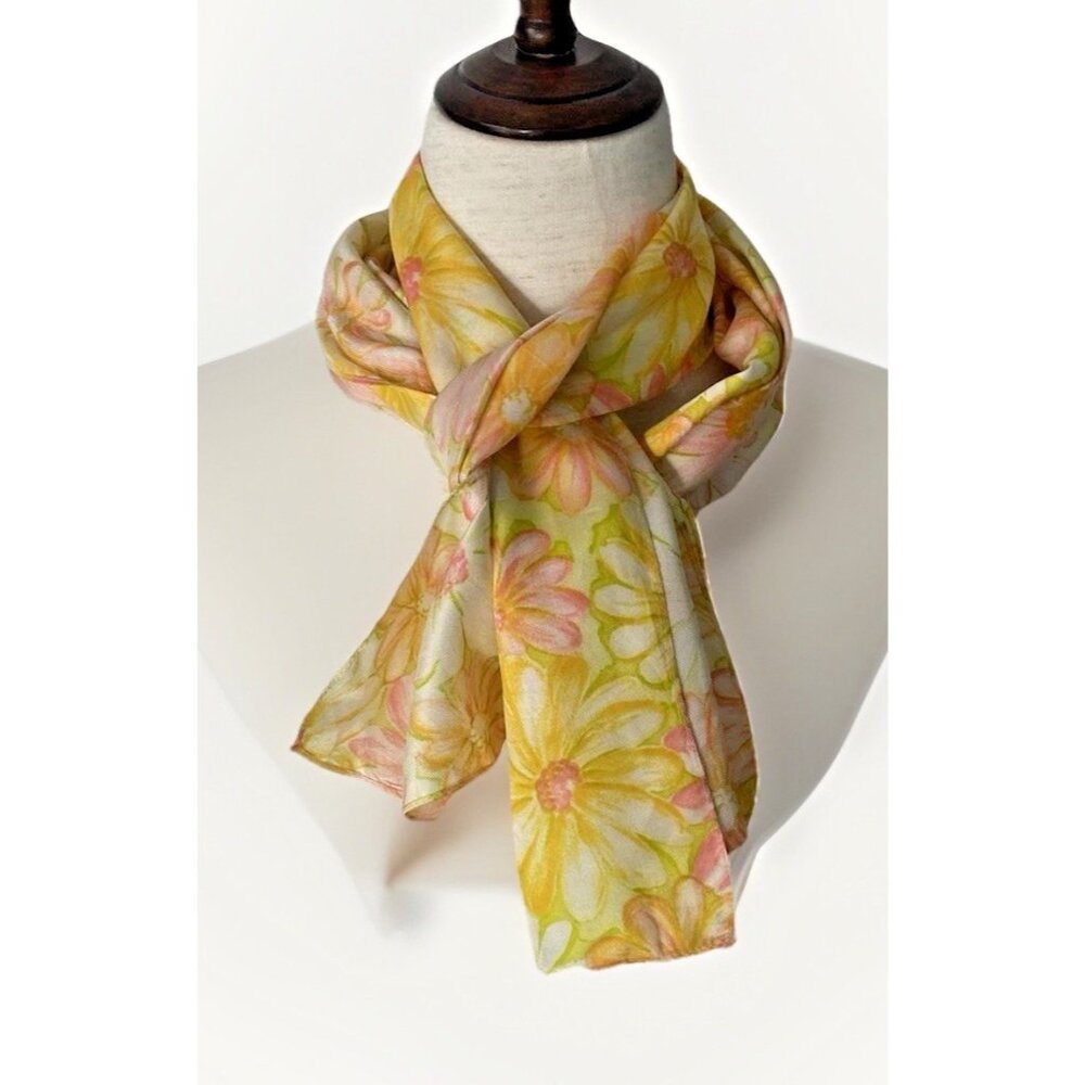 Vintage Floral Scarf Yellow Pink Daisy Sheer Mod Retro 60s 70s 13 x 53 Cottage - Picture 2 of 8